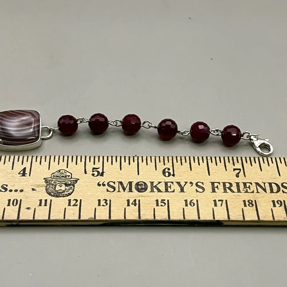 Burgundy Red and Sterling Silver Faceted Bead Bracelet with Agate Centerpiece